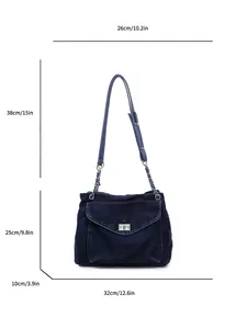 Detailed dimension chart of the vintage denim shoulder bag with measurements in cm and inches