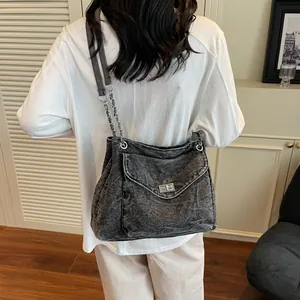 Vintage washed grey denim large capacity shoulder bag for women with stylish chain strap