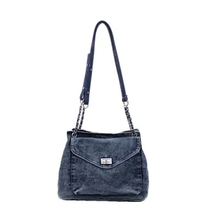 Vintage denim shoulder bag with silver chain strap and large capacity design.