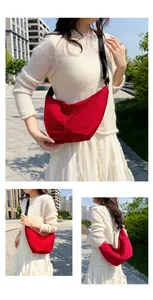 Bolso bandolera rojo de gran capacidad con forma de dumpling mostrado desde varios ángulos