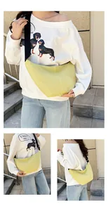 Varias fotos de estilo de vida de una modelo con un bolso bandolera amarillo minimalista