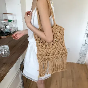 Hand-woven macrame tote bag with tassels, elegant boho style shoulder bag for women