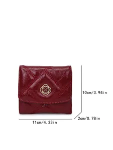 Wine red quilted rhombic wallet for women with size annotations and gold clover buckle.