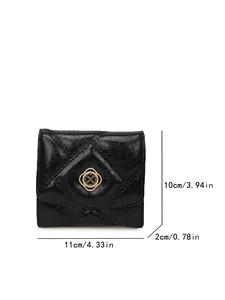 Detail view of black quilted short wallet for women showing dimensions 11x10x2cm.
