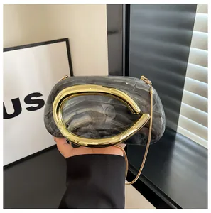 Mini marble pattern evening clutch bag with vintage gold handle and chain strap