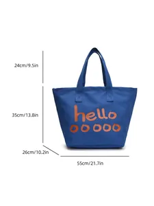 Dimensiones detalladas del bolso tote de lona azul grande con estampado hello naranja