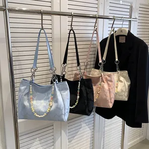 Sweet heart patterned tote bags with colorful beaded chain straps in various colors