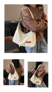 Multiple views of a cream minimalist large-capacity messenger bag worn by a model in casual style.