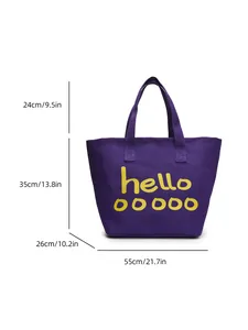Especificaciones de tamaño detalladas para el bolso tote morado con estampado hello
