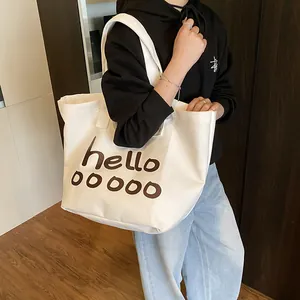Bolso tote grande de lona blanca con estampado 'hello' para uso diario casual