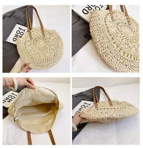 Collage of round straw bag showing hollow floral texture and inner lining details