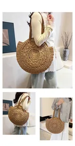 Detailed view of a circular woven straw shoulder bag with elegant hollow floral patterns