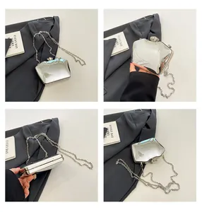 Chic silver mirror acrylic clutch bag with delicate chain strap for evening parties