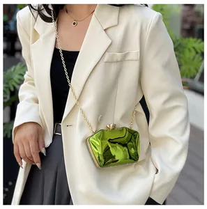 Elegant model wearing a green acrylic evening clutch bag with a gold chain strap