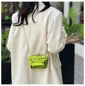 Detailed view of metallic green acrylic clutch bag with gold chain on model's shoulder