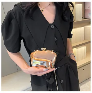 Elegant rose gold mirror finish acrylic evening clutch bag with fine metal chain