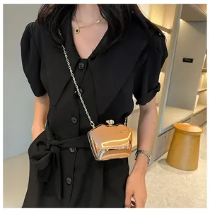 Fashionable model wearing a metallic gold acrylic crossbody evening bag with chain strap