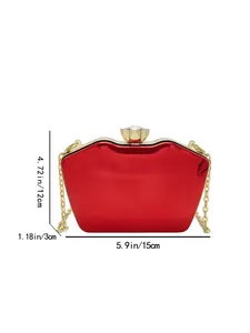 Red glossy acrylic clutch bag with gold chain showing dimensions 5.9x4.72x1.18 inches