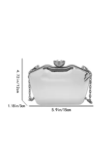 Elegant silver acrylic evening clutch bag with chain strap, showing 15x12x3cm dimensions