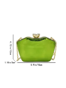 Detailed dimension markings for the glossy green acrylic evening clutch bag with chain