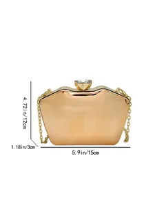 Rose gold acrylic evening clutch bag dimensions showing length, height, and width details