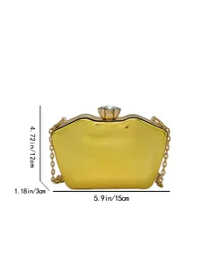 Detailed dimension view of gold acrylic evening clutch bag showing 15cm width and 12cm height