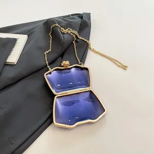 Elegant purple acrylic evening clutch bag featuring a gold chain on a grey blazer