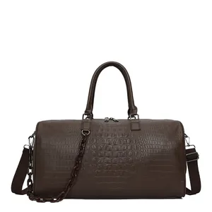 Large capacity brown crocodile pattern leather travel duffel bag with shoulder strap