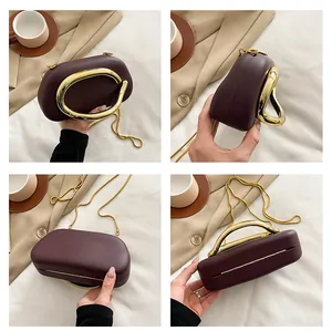 Detailed four-angle views of a burgundy evening clutch bag with unique gold metal handle