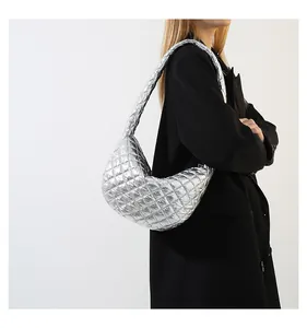 Stylish silver metallic quilted crescent underarm shoulder bag for modern women fashion