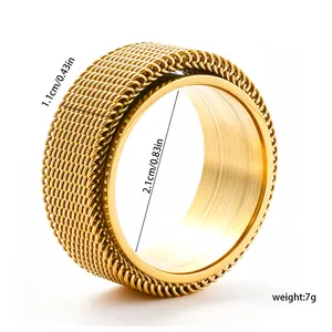 Detail view of gold-tone rotatable mesh stainless steel ring with measurement annotations