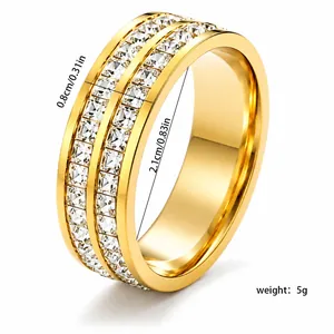 Detail view of gold titanium steel ring with double row of pavé cubic zirconia