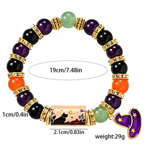 Pulsera de cuentas de Halloween con amuleto de gato negro y dimensiones del producto