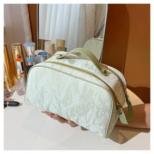 Close-up detail of a portable light green wrinkled texture makeup bag with double gold zippers