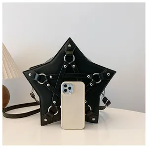 Detail of black star-shaped crossbody bag with a smartphone for size reference