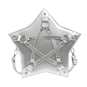 Unique silver pentagram star-shaped crossbody bag featuring decorative metallic harness straps