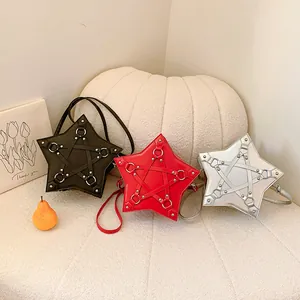 Trendy star-shaped crossbody bags with pentagram design and studs in three colors.