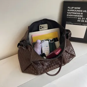 Large brown woven travel bag showing internal storage capacity with various items