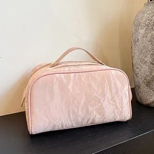 Crinkled Velvet Makeup Bag Large Capacity Portable Toiletry Organizer Solid Color Travel Cosmetic Storage Bag For Women