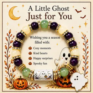 Linda pulsera de Halloween con cuentas de fantasma y calabaza y tarjeta festiva