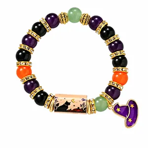 Pulsera festiva de cuentas de Halloween con gato negro y sombrero de bruja regalo