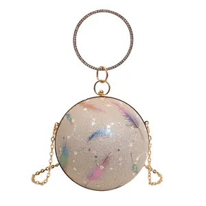 Detailansicht der kugelförmigen Abendtasche mit Federdruck und Strass-Ringgriff.