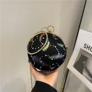 Borsa da Sera Sferica da Donna in Pelle PU con Manico ad Anello in Strass e Stampa di Piume Clutch con Catena