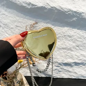 Fashion PU Leather Heart-Shaped Mini Crossbody Bag With Beaded Chain Strap Shiny Metallic Finish Small Lipstick Purse For Women