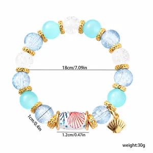 Detailed measurements of blue ocean-themed beaded bracelet with shell charm