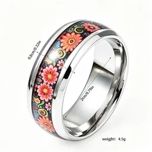 Stainless steel floral pattern ring details showing 0.32in width and 0.79in inner diameter