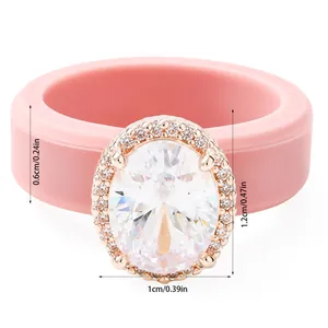 Detailansicht mit genauen Maßen für rosa Silikonring mit ovalem CZ-Stein
