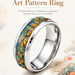 Detailed macro view of a stainless steel ring with vibrant impressionist art inlay