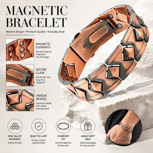 Makro-Details des Kupfer-Magnetarmbands mit geometrischem Muster und Sicherheitsverschluss.
