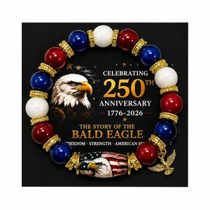 Handmade patriotic beaded bracelet with bald eagle charm and anniversary display card